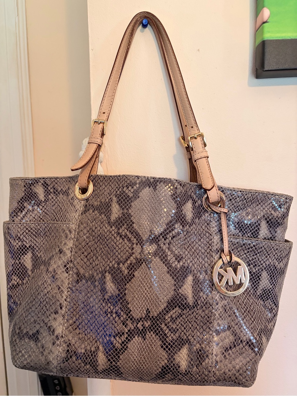 Michael Kors Taupe Snake-Print Tote with-Tan Straps